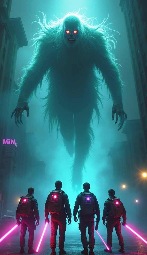 Here’s a prompt for generating the image:
---
**Movie Poster Concept:**
- **Main Characters:** Four men, wearing tactical gear similar to Ghostbusters, are positioned at the bottom of the poster. They are wielding high-tech power wands, which are connected to futuristic, eclectic backpacks that flash with bright lights.
- **Action Scene:** The men are facing off-camera, with their power wands raised, shooting vibrant neon electric plasma beams. The beams are spiraling towards the top center of the poster, where a terrifying, floating aberration ghost looms, facing directly at the viewer.
- **The Ghost:** The ghost is a nightmarish apparition with twisted, eerie features, glowing eyes, and a semi-translucent form. Its ghostly aura is intense and menacing, contrasting with the vibrant colors of the plasma beams.
- **Background:** The backdrop is dark and foggy, with faint outlines of an urban setting, possibly a haunted building or city street. The fog and darkness add an ominous atmosphere, emphasizing the ghost’s supernatural presence.
- **Color Palette:** Use a mix of dark, muted tones for the background and ghost, contrasted with bright neon colors (blues, greens, and purples) for the plasma beams and the glowing lights on the backpacks.
- **Poster Layout:** The ghost should dominate the top half of the poster, with the men and their action taking up the lower half. The title of the movie (not specified) can be placed at the bottom or top in bold, dynamic lettering.
---
This prompt should generate a visually dynamic and thrilling movie poster, capturing the essence of a "Ghostbuster-like" film.