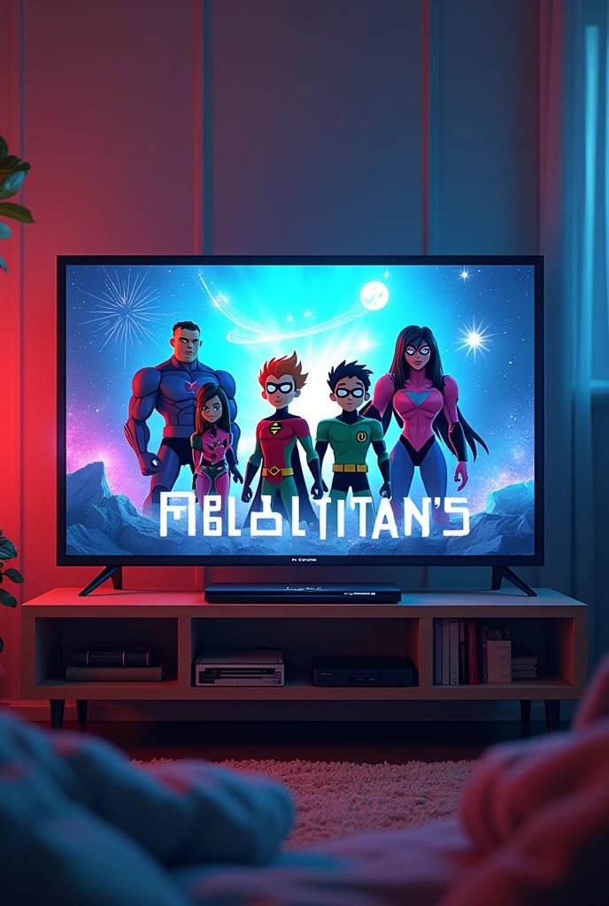 A picture of the Teen Titans characters displayed on a TV with the words 'Abtal titans' written on it.  