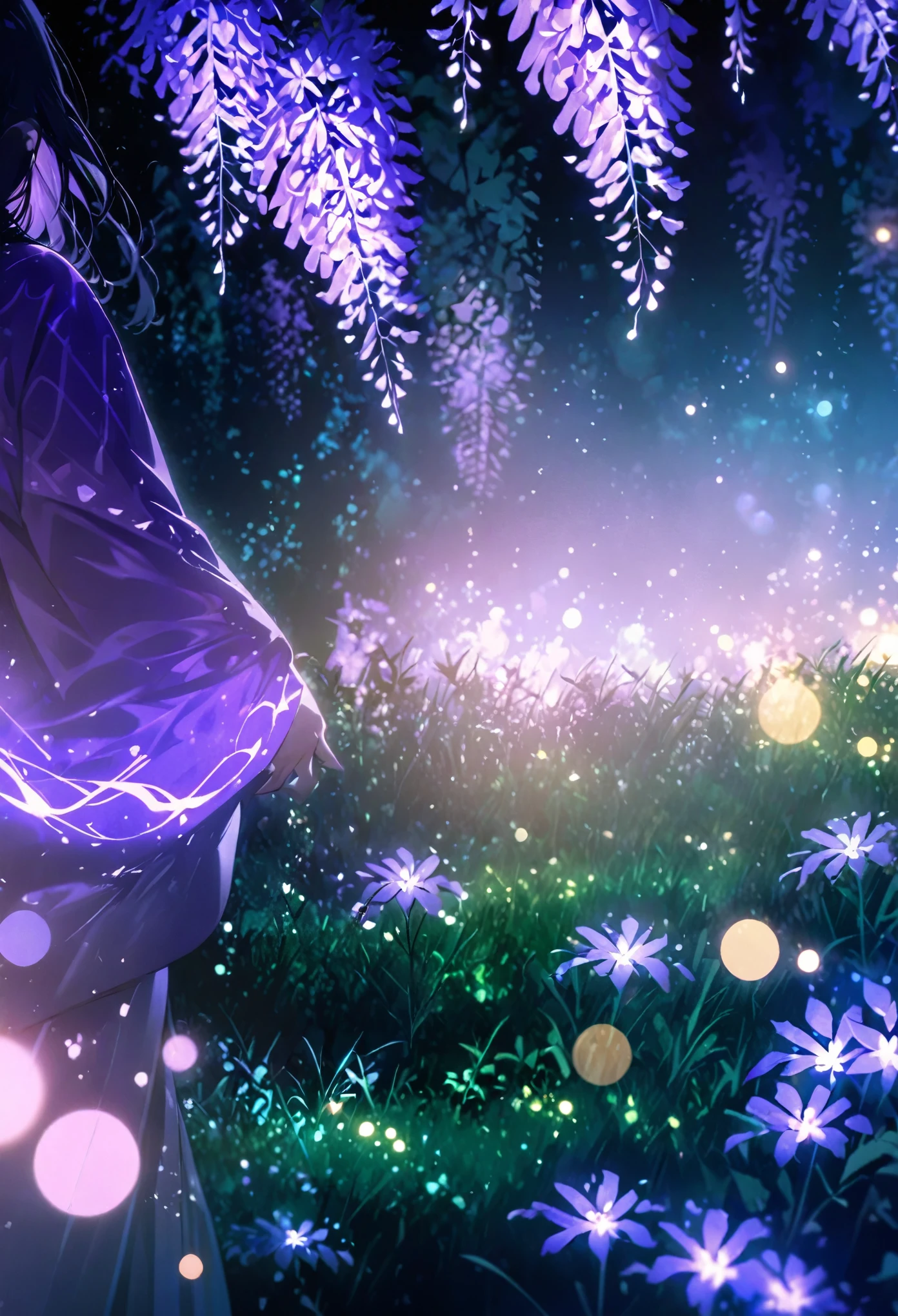 16K、8k、32K、朧月、Woman wearing purple kimono、Looking Down、Wisteria flower、Green grass、night、moonlight、masterpiece, best quality, extremely detailed CG unity 8k wallpaper, bokeh photography, (soft focus):1.2, out-of-focus highlights, dreamy ambiance, glowing circles, mesmerizing depth, Depth of written boundary