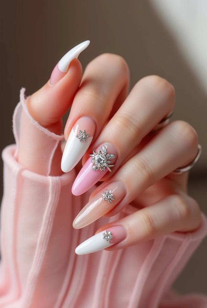 An image of nails painted with white colors, pink and transparent 
 , a delicate hand with a diamond ring.that the nail style is long and fashionable 
