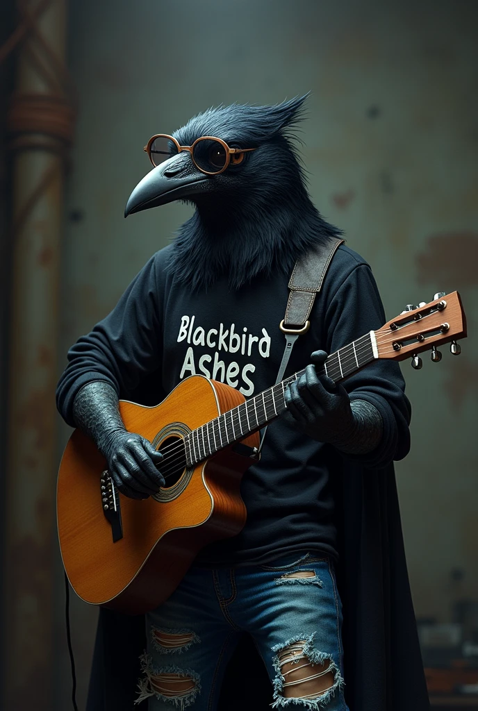 Crow with glasses,dressed in ripped jeans and a black t-shirt that says "Blackbird Ashes". playing the guitar 