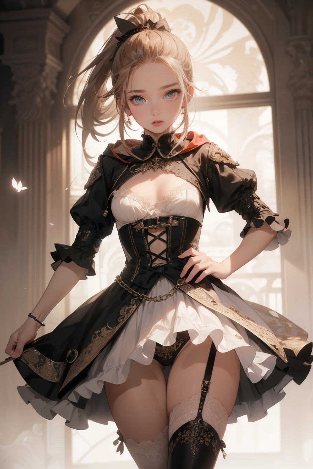 (((masterpiece, of the highest quality, super detailed))), (a female knight of an occult order), Edwardian/Victorian era inspired, ((minimal but intricate beautiful armour)), ((Fluttering lace flared dress with frilly petticoats)), ((((Highly detailed face))), ((ponytail, thick ponytail, heavy ponytail)), (((Very sharp focused eyes))), very long eyelashes, (resolved expression), (resolute expression), (small breasts), occult aesthetic, (red and white clothing detailed and intricate steampunk and detailed gothic), (with a hood), (thigh high flared socks), complex lace boots