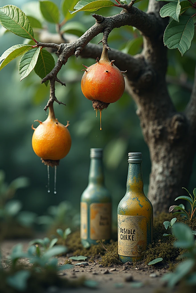 Images of deformed fruit trees, strange colors, close-ups of abandoned chemical bottles in the garden
