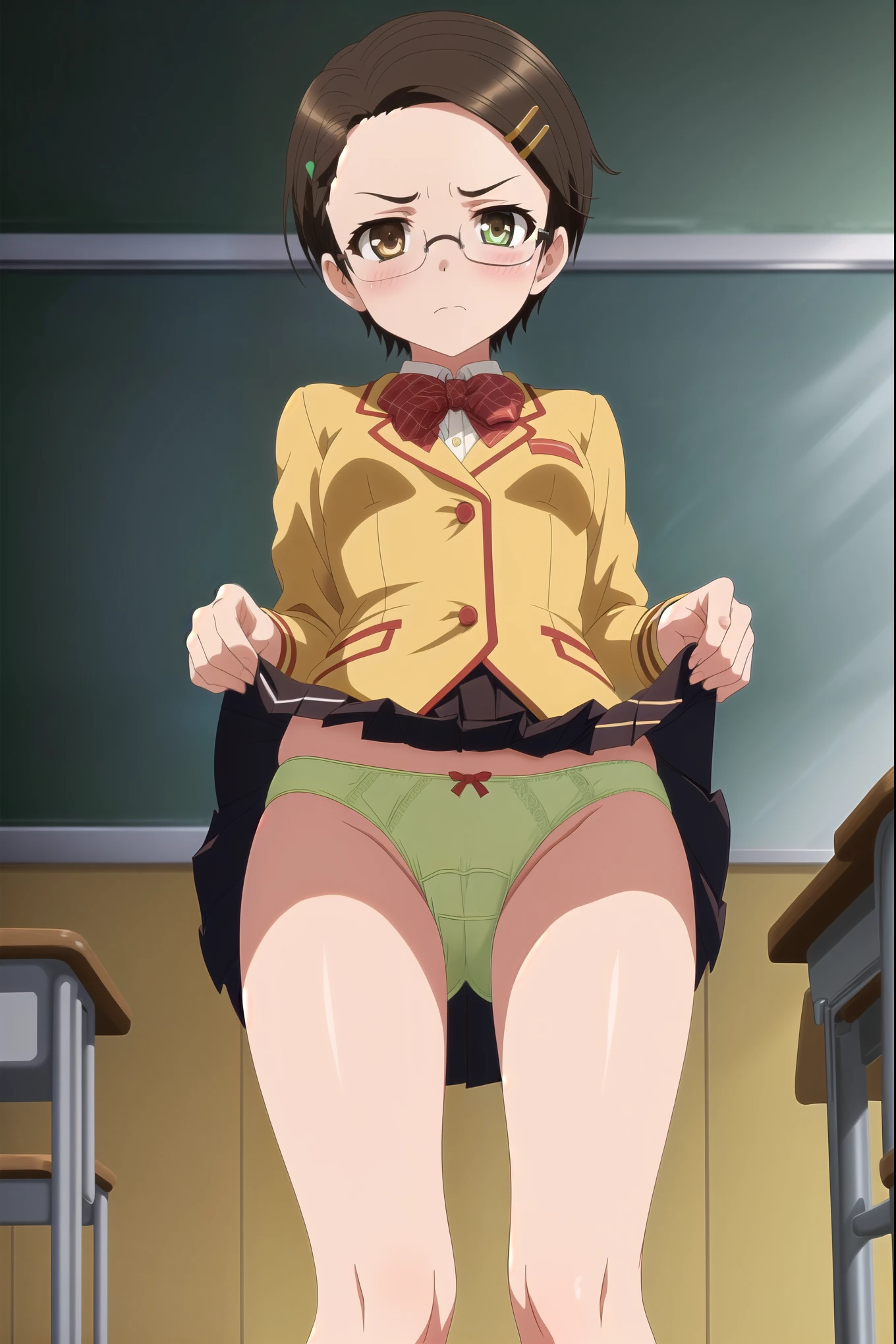 masterpiece, super fine illustration, best quality, light particles, ultra-detailed, 8K,young girl,[official art],[[anime styled]],[[digitalart]],akane_asahina,over-rim eyewear,((pixie cut)),(hairclip,left side),((forehead,side part hairstyle)),black hair,small breasts,short torso,, shiny skin, oily skin,((school uniform,cream colored jacket)),((brown pleated skirt:1.2)),NSFW,1girl in,standing,(From below),Looking at Viewer,Best Quality,Skirt lift,scowl,blush,anime screen cap,(tucking up the skirt),((lite green Panties)),short torso,Show panties,pantyshot,up skirt,(classroom)