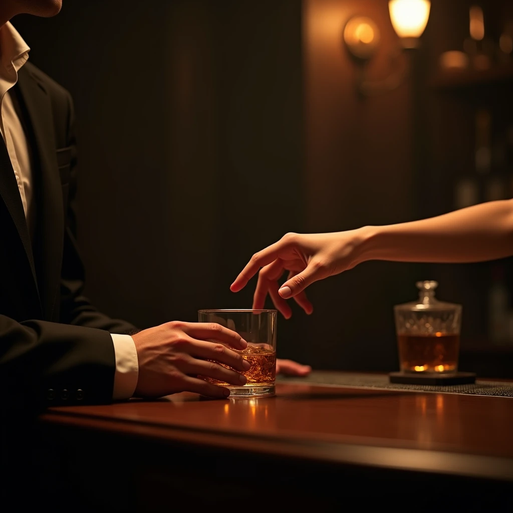 Bar counter, man's hand in a suit sitting, female bartender's hand handing over a rock glass, female bartender's bare arm
