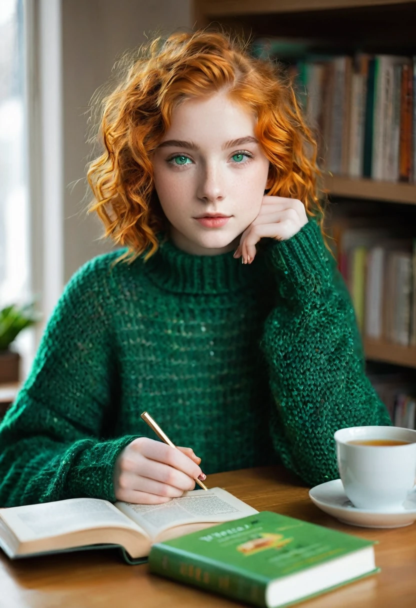 A 16 year old girl, with short wavy and orange hair, with emerald green eyes, fair-skinned and wearing a green knitted sweater drinking tea and accompanied by several thick books on his table