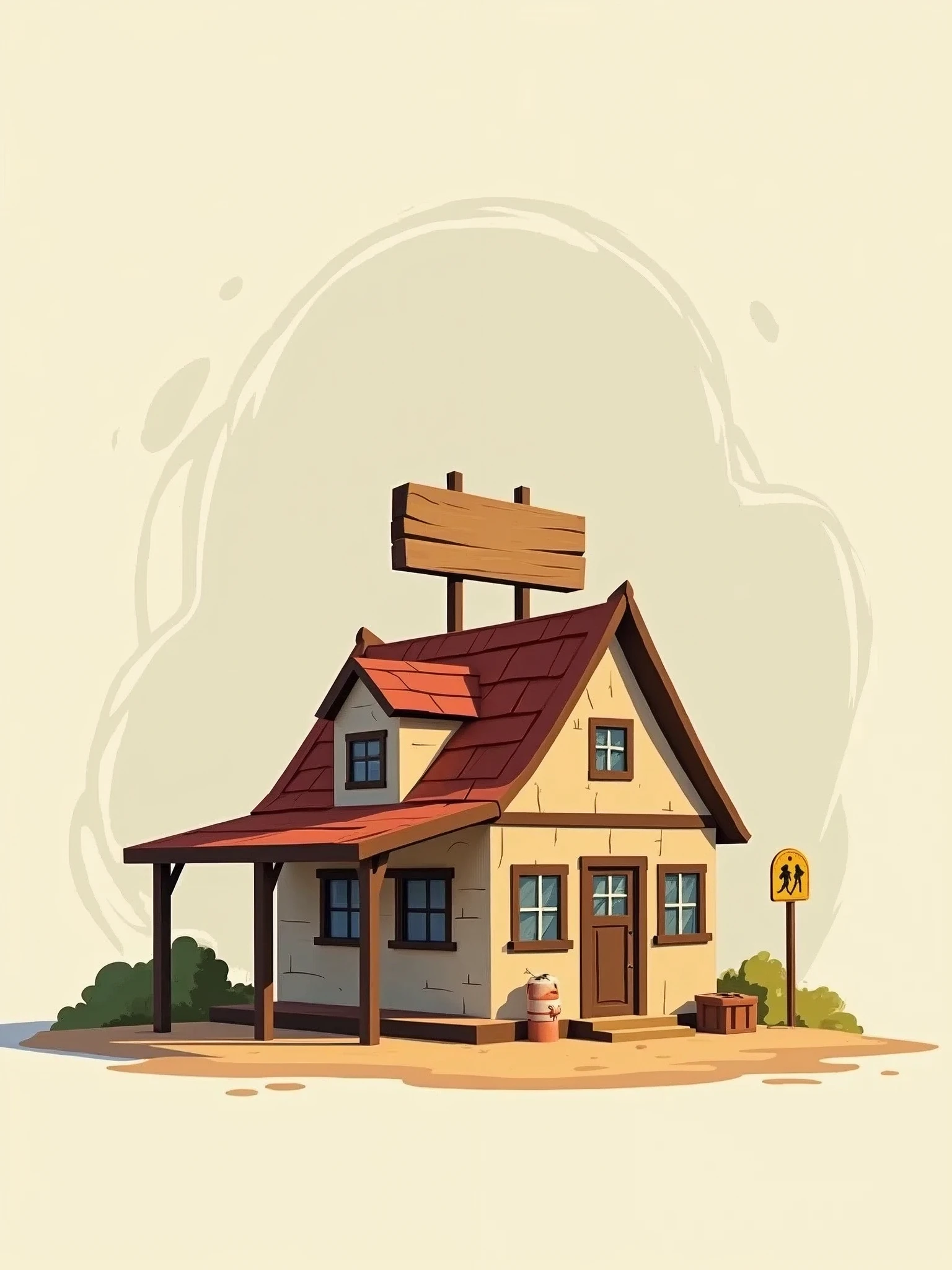 At the center of the image, there is a rustic 2D house with a sign on top of the roof. 2D image.