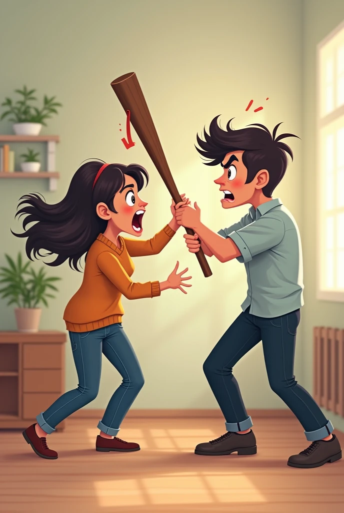 Ek Aurat Apne pati ko maarte Hue Aurat ke Hath Mein Danda hai aur UN donon ki Umra 24 se 25 varsh ki hai cartoon types