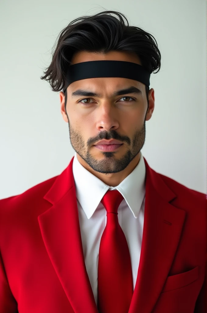 Portrait, man handsome, focus camera, Black hair, shirt, blazer red, tie, headband, white background