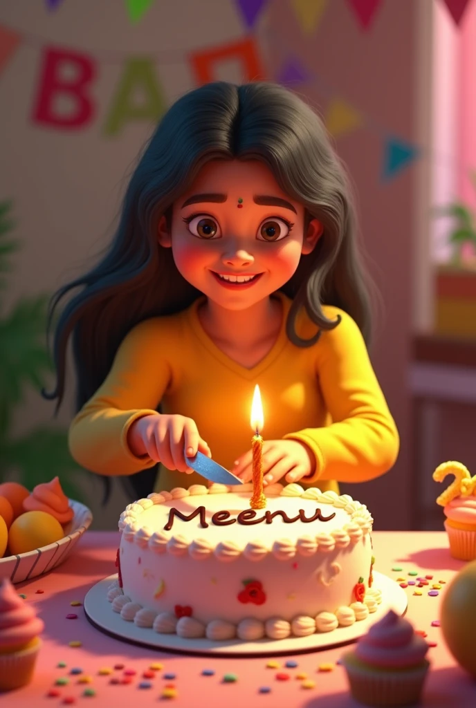 Create a 3d image in which a Indian teenager girl cutting Cake wearing yellow color top with Name "Meenu" is written clearly on the Cake and 19 year candle burning on the cake, image features with birthday decorated view realistic image