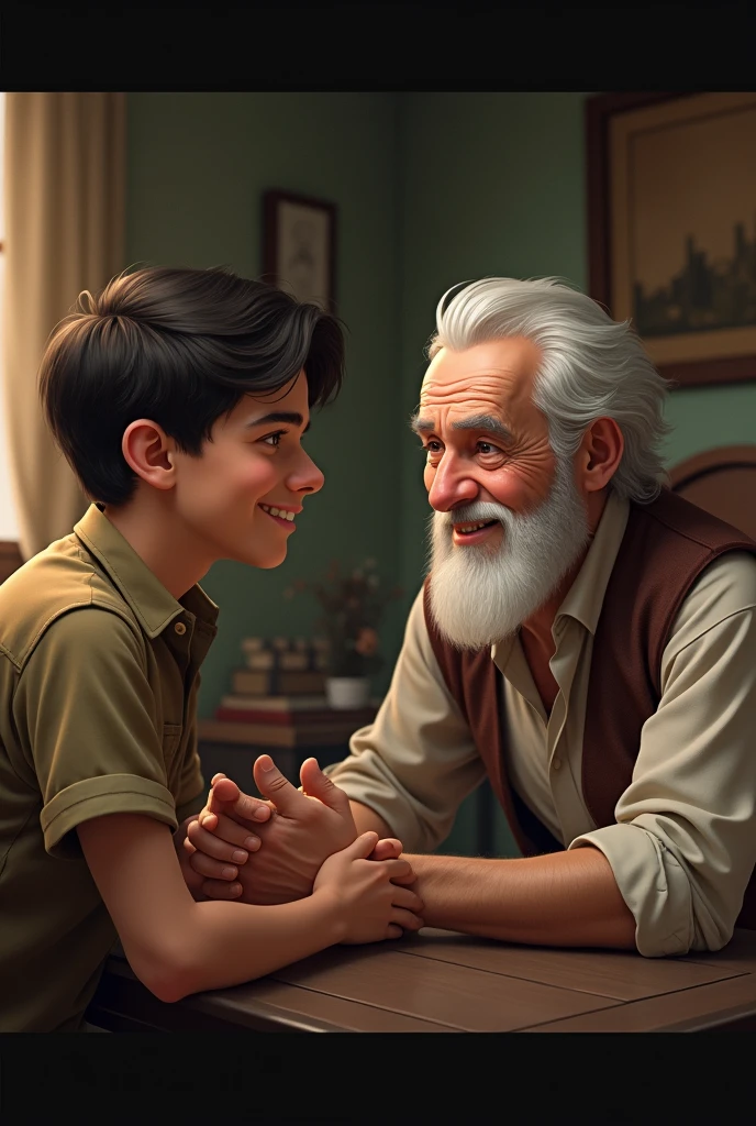 The same young man sitting with elderly man for advice and the old man smiling