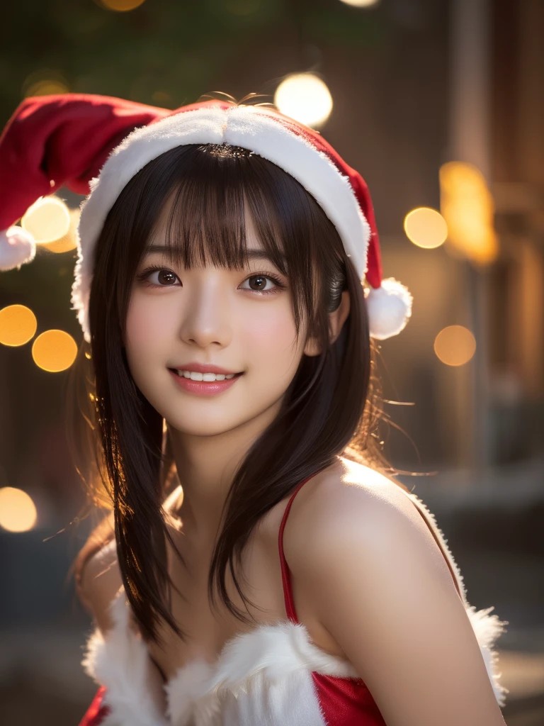 A 25 year old japanese girl, detailed cutie face,cutie smile, balanced detailed eyes, detailed droppy eyes, extremely detailed face, slender body, short hair, (Santa Claus costume:1.25), snowy night town, (best quality,4k,8k,highres,masterpiece:1.2),ultra-detailed,(realistic,photorealistic,photo-realistic:2.0),HDR,UHD,studio lighting,ultra-fine painting,sharp focus,physically-based rendering,extreme detail description,professional,vivid colors,bokeh,fantasy,magical,whimsical,soft lighting,warm colors,digital painting