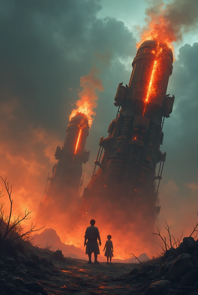 Giant weapons, topsy-turvy ancient Chinese guns glowing with dazzling blue-red fire, very small people looking up at the huge Yuejia guns, bloody twilight, the remnants of the sun like blood, dark clouds, the, dark clouds,Obsidian Bone Bloodstone Corrupted Metal Corrupted Runes Miasma Leath Shadowwood