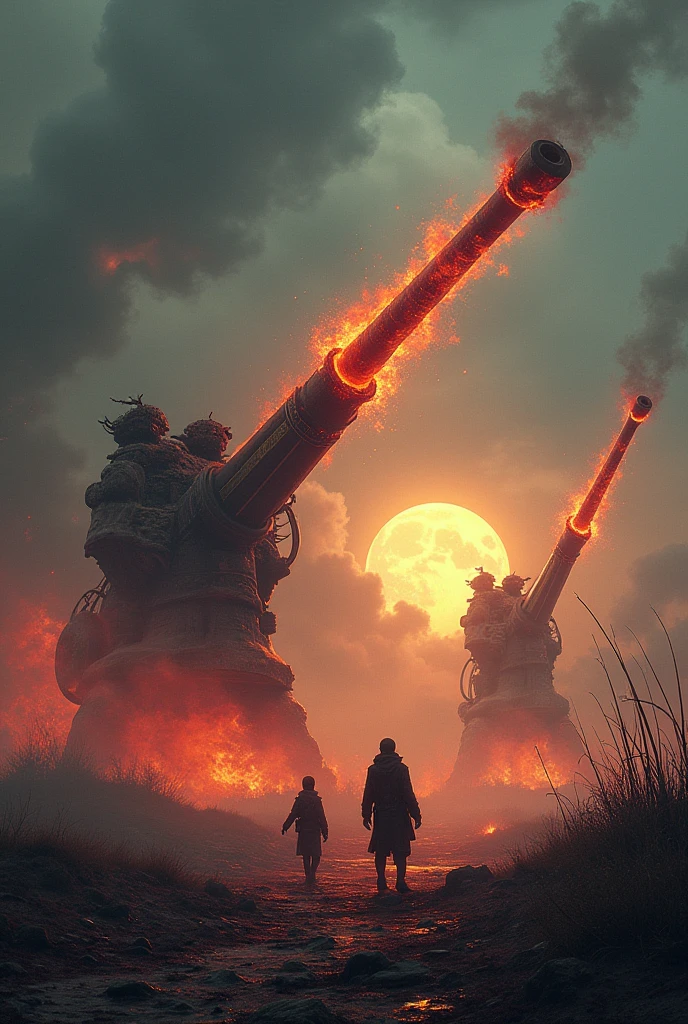 Giant weapons, topsy-turvy ancient Chinese guns glowing with dazzling blue-red fire, very small people looking up at the huge Yuejia guns, bloody twilight, the remnants of the sun like blood, dark clouds, the, dark clouds,Obsidian Bone Bloodstone Corrupted Metal Corrupted Runes Miasma Leath Shadowwood