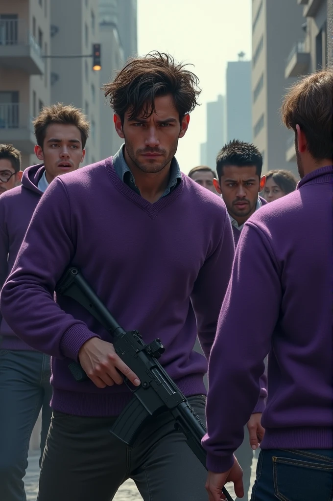 A man with a gun killing people in purple sweaters