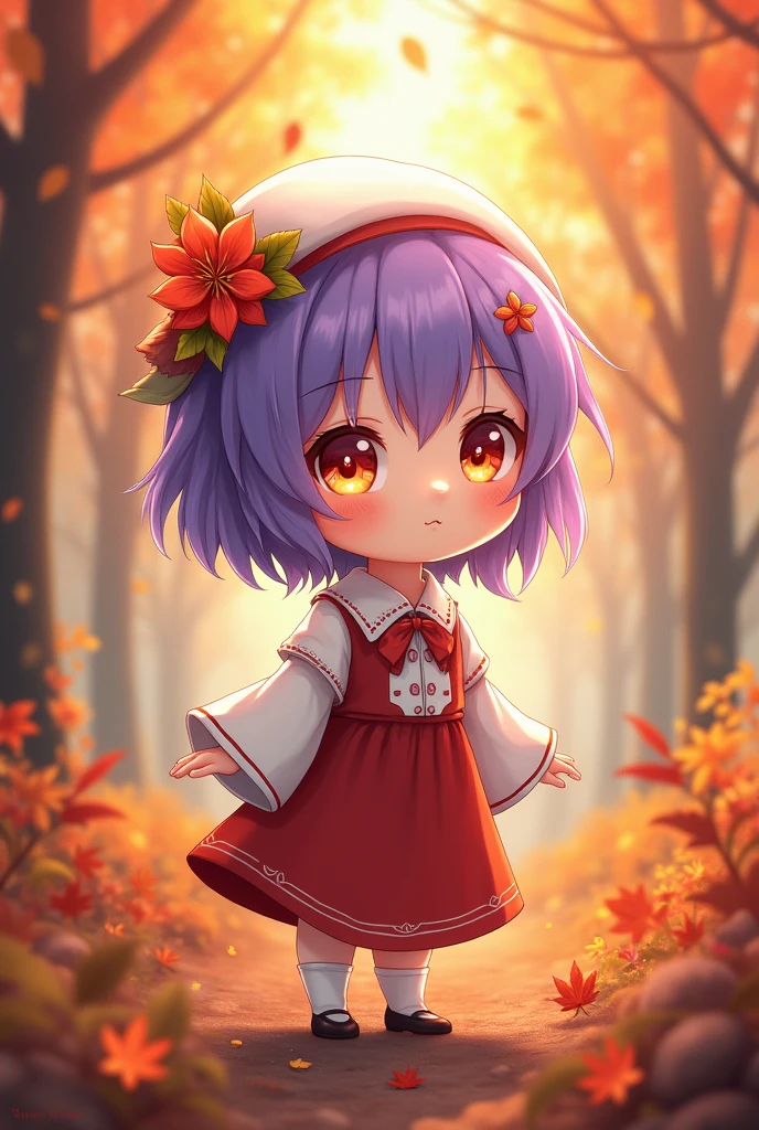 anime,small stature, , by the wide, purple hair, orange eyes,white and red clothes, small autumn flower in the head, autumn forest background