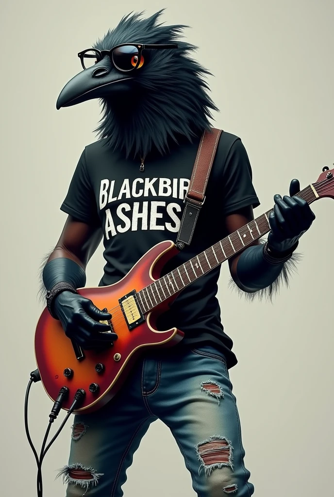 Crow with glasses,dressed in ripped jeans and a black t-shirt that says "Blackbird Ashes". playing electric guitar