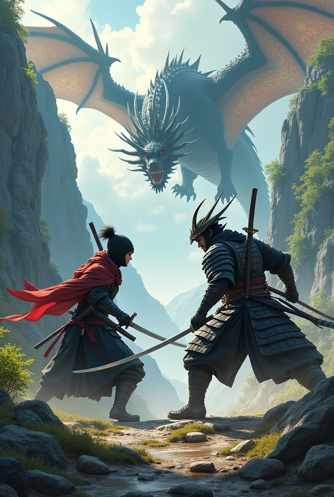 a fight between a ninja and a samurai and a dragon behind