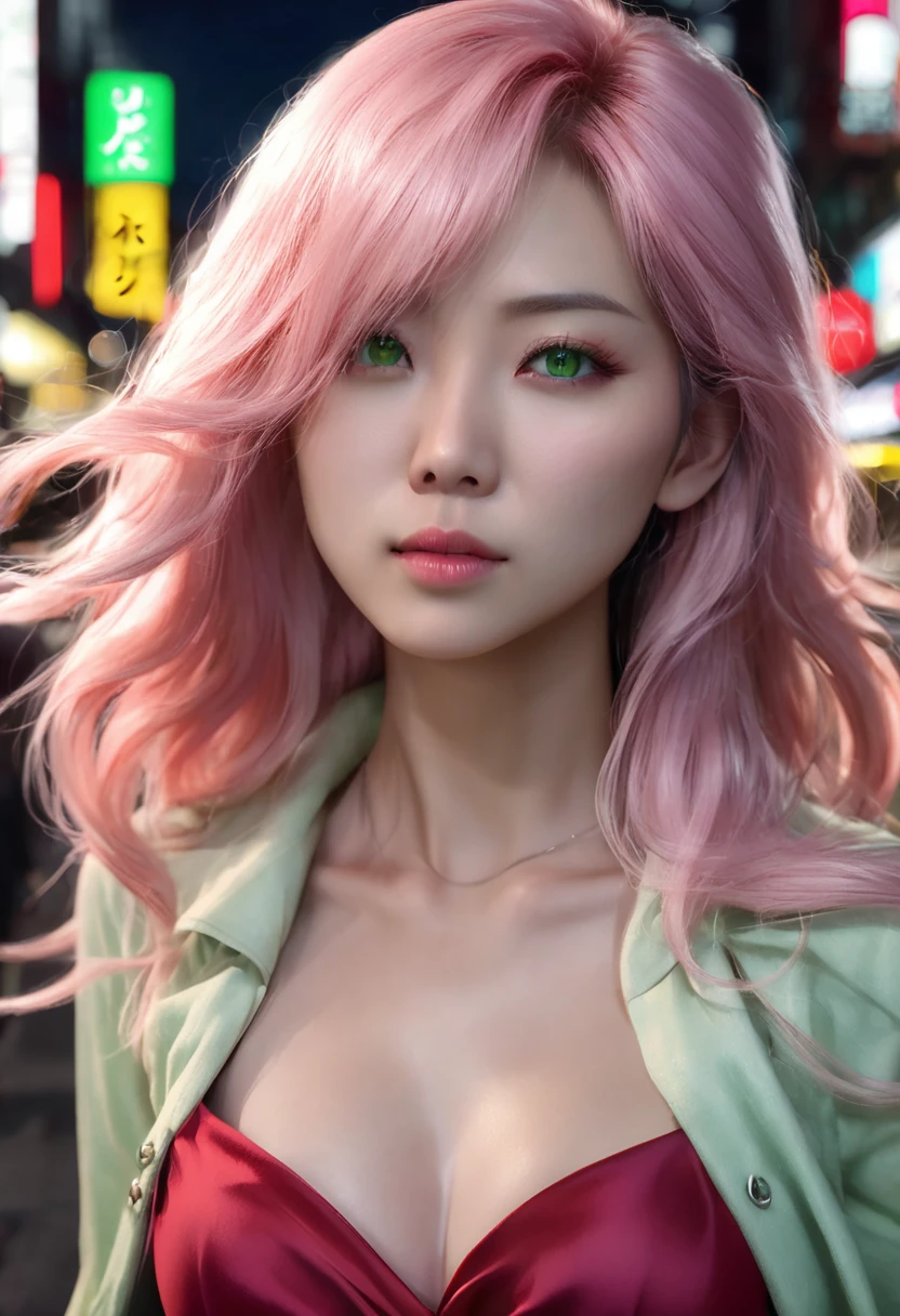 1 woman, she is Japanese, inside a city at night, wearing a red dress, feminine light green eyes, clear and detailed skin, nice breasts, long light pink hair, dramatic lighting, cinematic composition, dark palette, dark colors, atmospheric haze, thin chin, serious face, serious face, beautiful woman, very beautiful, adult woman, ultra realistic, adult woman (best quality, 4K, 8K, high resolution, art: 1.2), ultra detailed (realistic, photorealistic, photorealistic: 1.37)