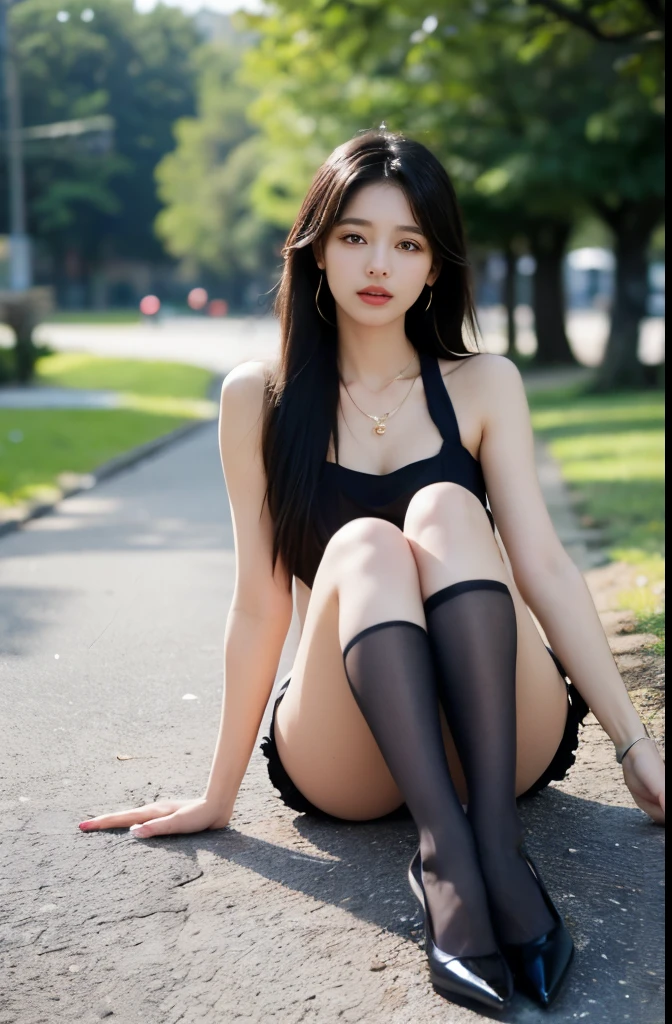 (masterpiece:1.3), (8 thousand, realistic, RAW photos, best quality: 1.4), (1 woman),(sheer silk blouse), (((short skirt))), (((양쪽 다리와 양발에 짙은색 realistic 불투명한 커피색 panty hose 신고 : 1.3))), (((Small paws))), (Stockings on both legs), (((Beautiful, small feet wearing stockings and high heels.))), (((full body shot))), (outdoors in sunny weather), (((Model-like posture))), (Beautiful makeover), (((very slim and beautiful body))) , (((Realistic and very beautiful face))), (long eyelashes), (double eyelid), (((Very beautiful eyes, realistic and delicate))), (((High nose))), (((small nostrils))), (((beautiful mouth))), (((seductive lips))), (((big bust) )), (Strong body through exercise), (beautiful abs), (Beautiful heaps), (((tall))), (realistic face), (((black hair, parted, long hair:1.3))), (아름다운 parted스타일), (realistic and beautiful skin), (absurd), (attractive), (ultra high resolution), (extremely realistic), (very detailed), (golden ratio), (((Two long, realistic and beautiful legs))), (realistic 팔), (necklace), (earring),(beautiful nails manicure), (((So beautiful and sexy))), (((perfect secretary look)))