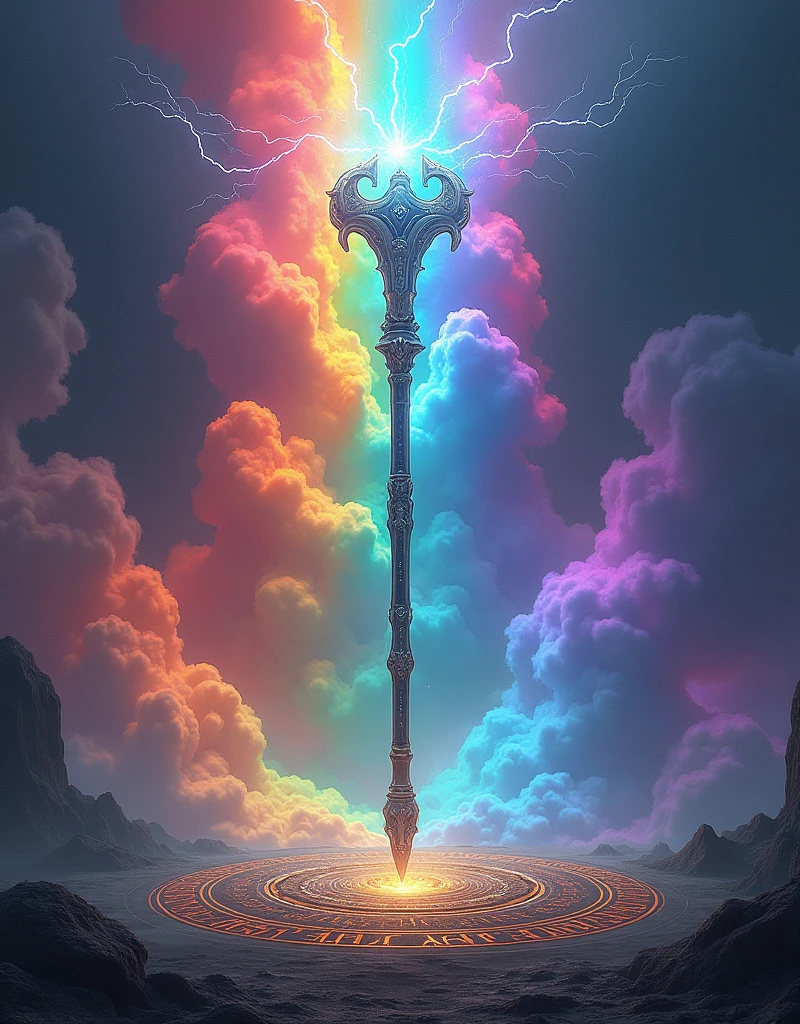 (best quality,8k,highres,masterpiece:1.2),ultra-detailed,(realistic,photorealistic,photo-realistic:1.37),a massive magical staff with complex runes standing silently within a magic circle,viewed from a satellite perspective,vibrant color clouds resembling a five-colored rainbow accompanied by flashes of lightning,arcane energy radiating from the staff,intricate mystical symbols on the ground,breathtaking and majestic atmosphere,sharp focus,physically-based rendering,extreme detail description,concept art,mystical landscape,vivid colors,dramatic lighting,sci-fi,fantasy art