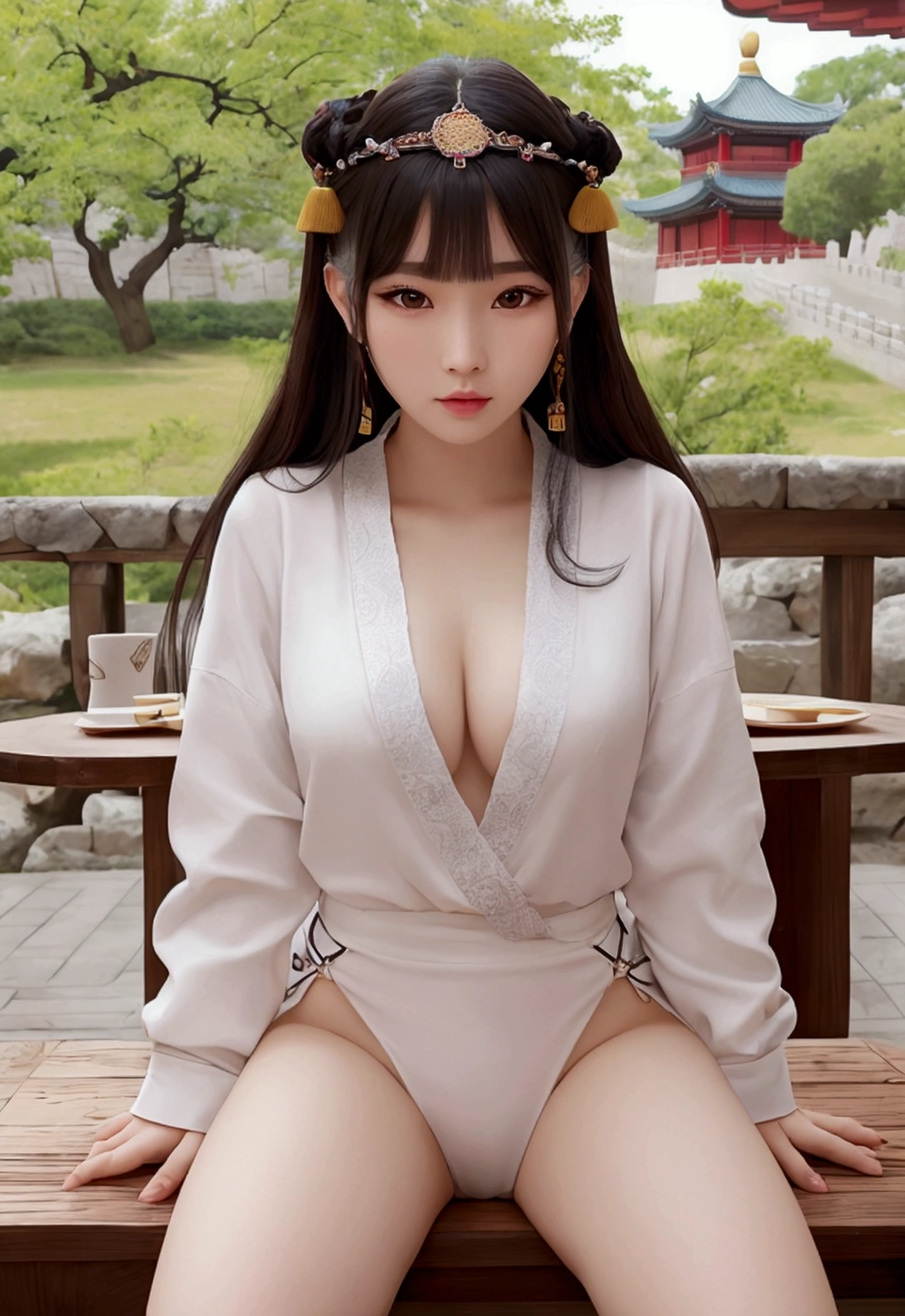Close-up of a woman sitting at a table drinking coffee, palace ， Girl in Han Dress, A young woman like Genghis Khan, Beautiful oriental woman, Chinese women, Chinese, Chinese王女, an Asian woman, a young Asian woman, ancient Chinese王女, Asian woman, 古代Chinese衣装を着て, Traditional beauty, Young Asian、With legs apart、One knee up、White panties are slightly visible