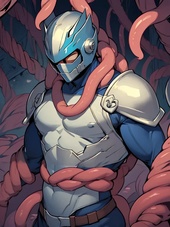 masked, Superhero, hero, strongest human, strong and robust male, savior, bound, subdued, unable to move, immobilized, tentacle, Armor, helmet, Tentacle entanglement, uniform, Wrapped around the body, Binding hands togethe, A gagged mouth, Foreign object invasion