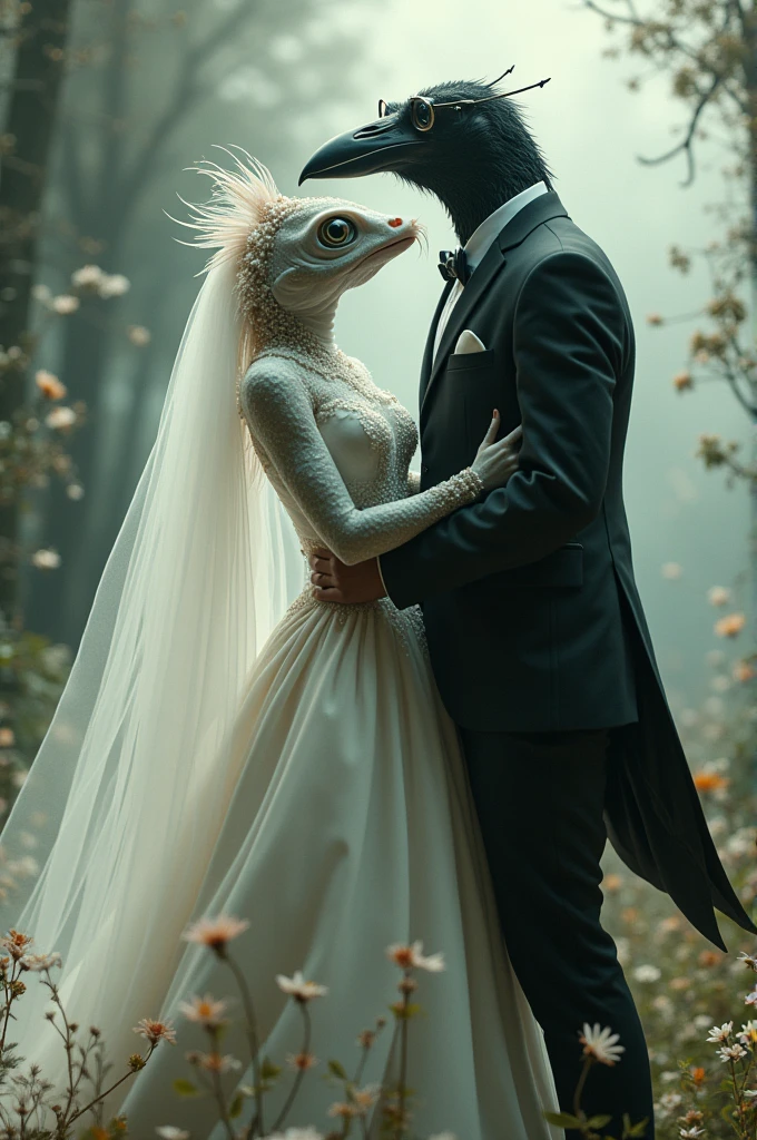 Make a catfish married to a carrion crow wearing glasses dressed as a bride
