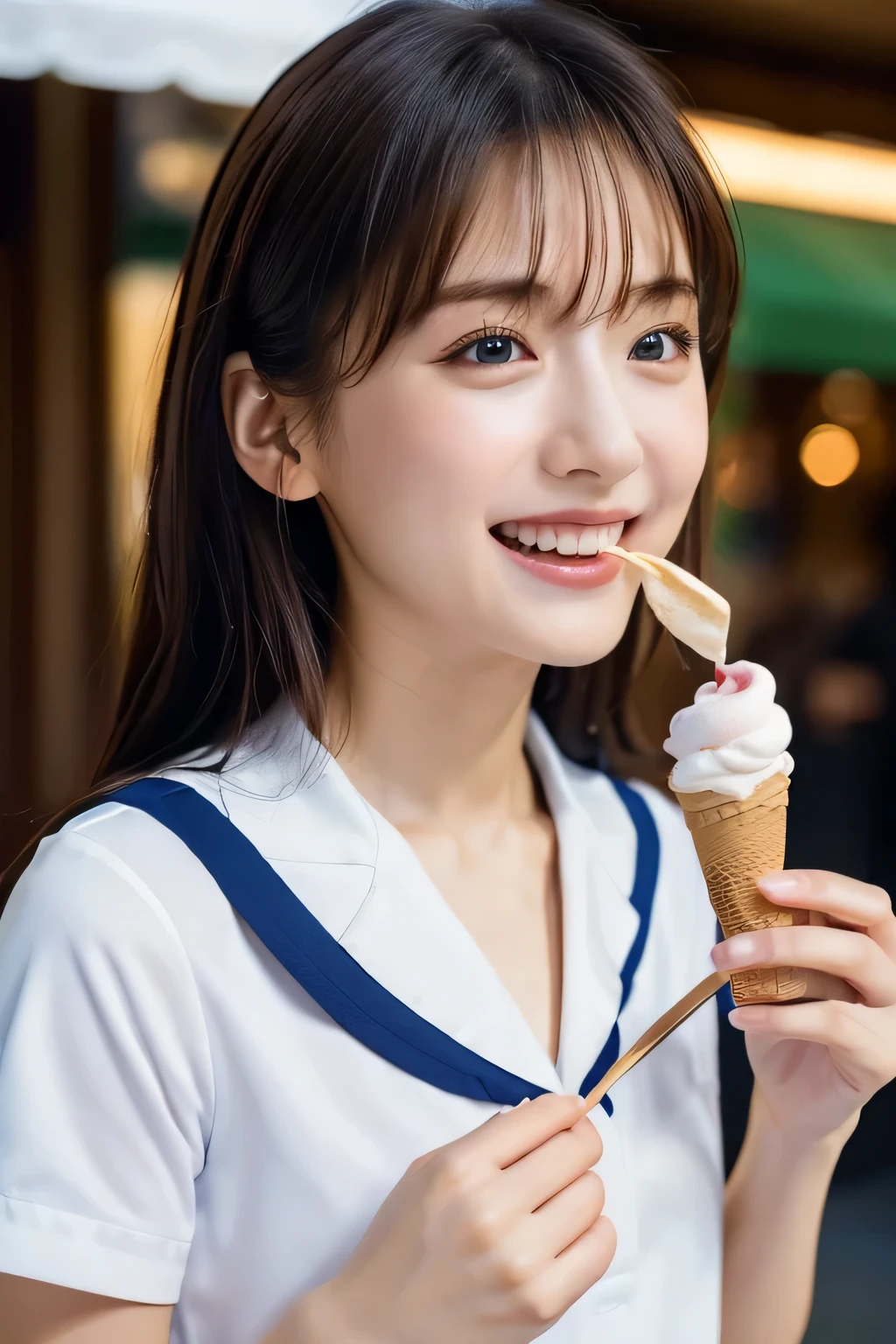 (Beautiful girl eating soft serve ice cream:1.2), (Highest quality:1.4), (Very detailed), (Very detailed美しい顔), Laughing with your mouth open, (Baby Face:1.3), School uniforms, Short-sleeved sailor suit, Take a seat, Great face and eyes, iris, Medium Hair, The Beauty of Japan, (Skinny body type:1.3), (Flat Chest:1.3), (Face close-up:1.2), shinjuku, Passers-by behind, Smooth, Very detailed CG synthesis 8k wallpaper, High-resolution RAW color photos, Professional photography, Light, BackLight, dream-like, impressive, Written boundary depth, Soft-serve ice cream shop, (Shot from afar and to the side:1.3)