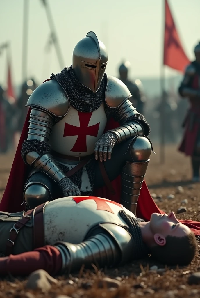 A highly realistic, high-contrast, 8K HD, detailed, hyper-detailed scene where the knight from the provided image, wearing steel armor with a red cross on his tunic, is kneeling beside a fallen comrade on the battlefield. The atmosphere is somber and filled with the weight of loss, as the knight shows respect and sorrow for his fallen companion. The battlefield around them is chaotic, with the aftermath of battle visible in the background. The dramatic lighting highlights the detailed armor and the raw emotion of the moment. The image is of the highest quality, with ultra-high resolution, RAW photo quality, and Unreal Engine rendering, capturing the deep bond and sacrifice of these warriors.