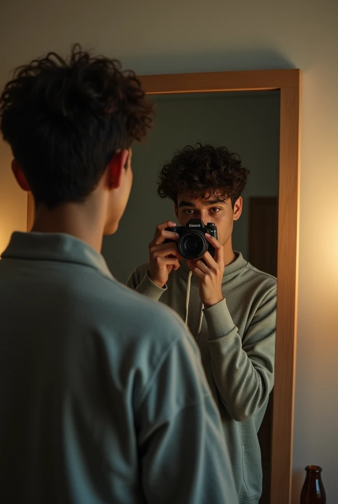 A 20-year-old boy, taking a picture in front of the mirror