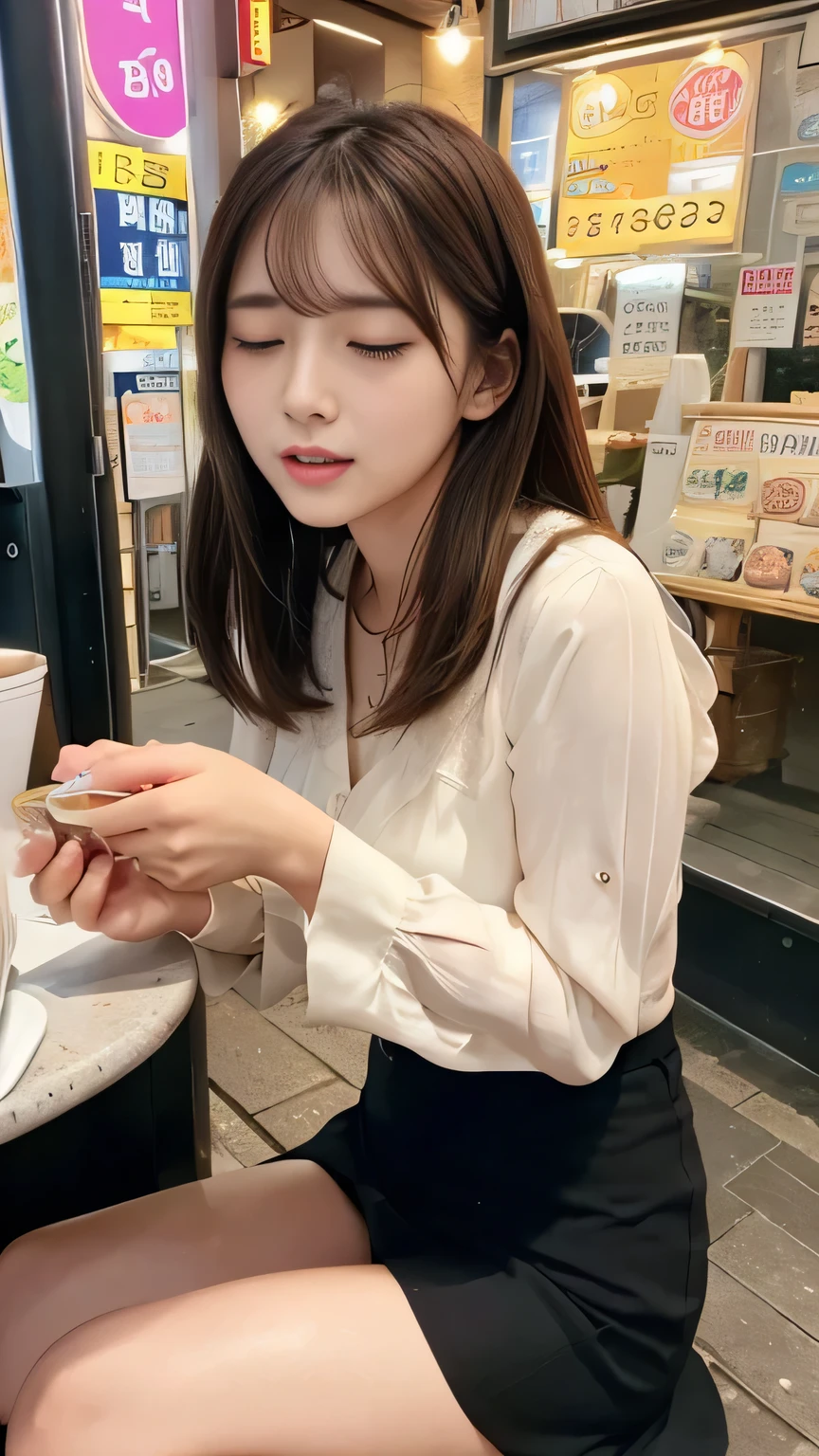 Vibrator prank at the cafe、Woman in a restaurant,She leaned forward.,(She closes her eyes),she yawns,　There were many customers around during meals.、crowd、Hand holding a pink remote control outside the frame,She wants me to stop using the vibrator,Look here and plead、Embarrassed face、She puts her hands on her crotch under the table,She is wearing a black suit with a tight skirt、White blouse、During meals、Sitting in a chair、Cafe、Fluffy medium hair、Pure erotic face、(Masseter muscle area:1.3)、(8k、Photorealistic、RAW Photos、Highest quality: 1.4)、(One Girl)、Very beautiful face、Very beautiful face、Very beautiful face、(Very realistic face)、(Brown hair、Fluffy medium hair:1.3)、Very beautiful hairstyles、Very realistic eyes、Very beautiful details、（Extremely realistic skin）、Very beautiful skin、absurdes、Very attractive、Ultra-high resolution、surreal、High definition、Golden Ratio、Golden Ratio、Golden Ratio、beauty、beauty、beauty。