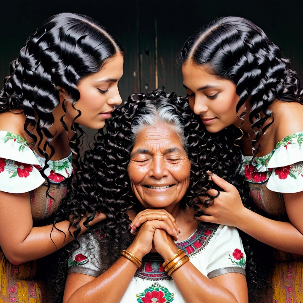 In mexican home,two younger mexican ladies and their eldery mexican grandmama in mayan dress,unnatural unreal wiered black 3c curly hairs like black springs,It is being coiled and coiled and coiled amd millon times coiled hairs made up in salon exact looking like image prompt,Showered highly wet hairs,Drenched and absorbed water in their hair,like hair flooded with 10000000000000000000000000000000000000000000 liters and soaked in thier hair,hairs like water pulp,Those hairs git pulpted and makes very thick hair curls like black warms on thier hairs,Their hairs got coiled with wetness,Shinning like mirrors stating big black springs,one eldery grandmama lady seated down, other two younger bend over and licking head scalp of seated lady from behind, Like they raping kneeled lady' head scalp with kissing wildly,Generate ladies hairs are rapunzel and so much wet as wetness absobed in to their hairs and made curls exact as per the image prompt,Generate ladies hairs stricly collowing image prompt with mirror shininess and curliness,Generate mexican maturity in the ladies