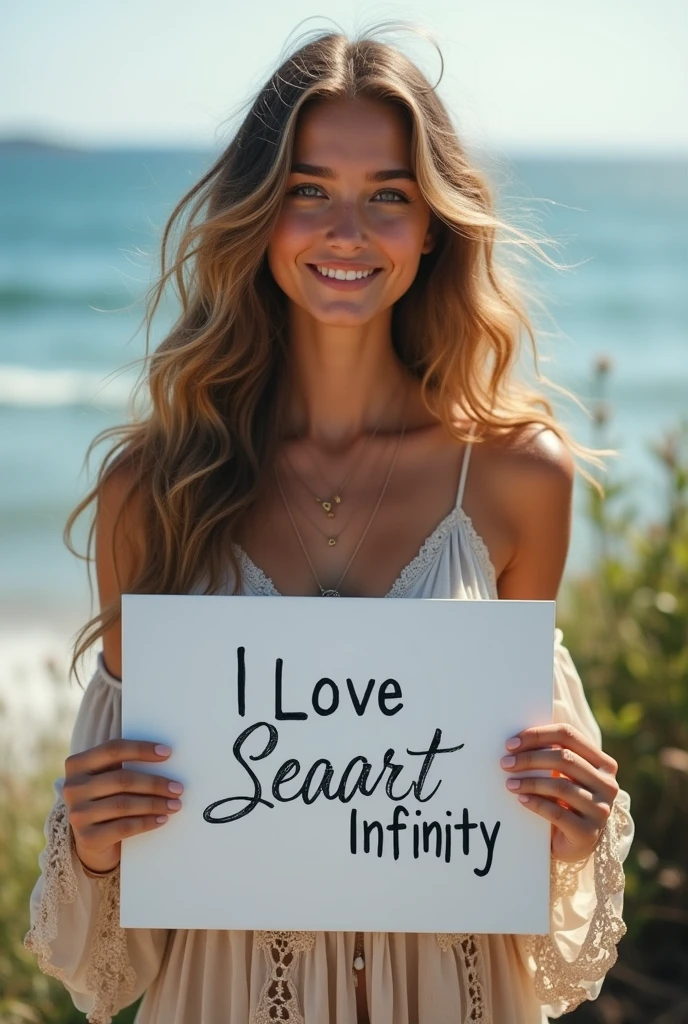 Beautiful girl with wavy long hair, bohemian dress, holding a white board with text "I Love Seaart Infinity" and showing it to the viewer