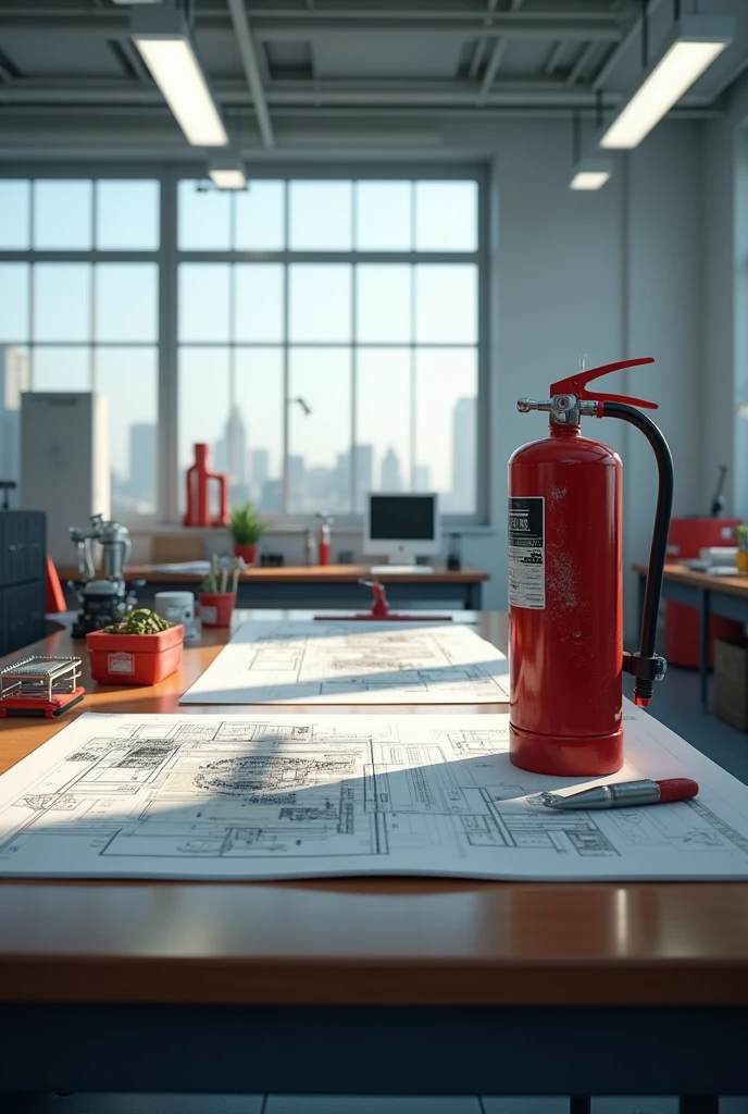 large office table, an open engineering project on the table, on the table you can see a pencil, a pen, a compass, a calculator, and a scalemeter, the background is an engineering office, clear clean and organized, light of the sun coming through the window. Prominent on the table is a fire extinguisher with smoke marks and fire burns.