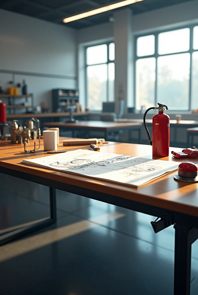 large office table, an open engineering project on the table, on the table you can see a pencil, a pen, a compass, a calculator, and a scalemeter, the background is an engineering office, clear clean and organized, light of the sun coming through the window. Prominent on the table is a fire extinguisher with smoke marks and fire burns.