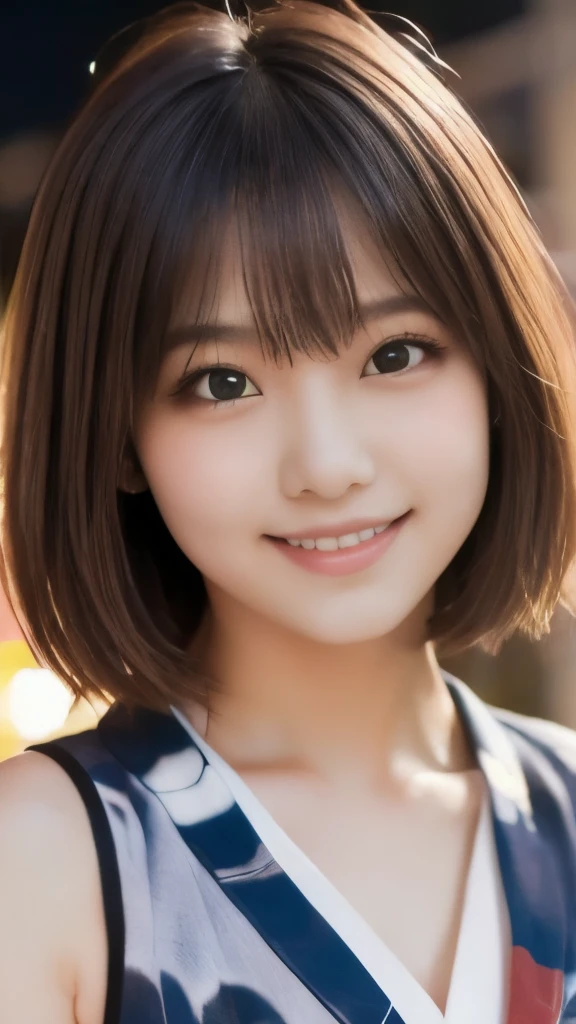 8k,Highest quality,(masterpiece:1.2),(Realistic),(Realistic:1.37),Ultra-high resolution,1 female college student,Fireworks display,night,smile,Beautiful Eyes,(((Cute Yukata))),Perfect body,Perfect Fingers,Professional Lighting,gravure,Detailed face and skin texture,fine grain,RAW Photos