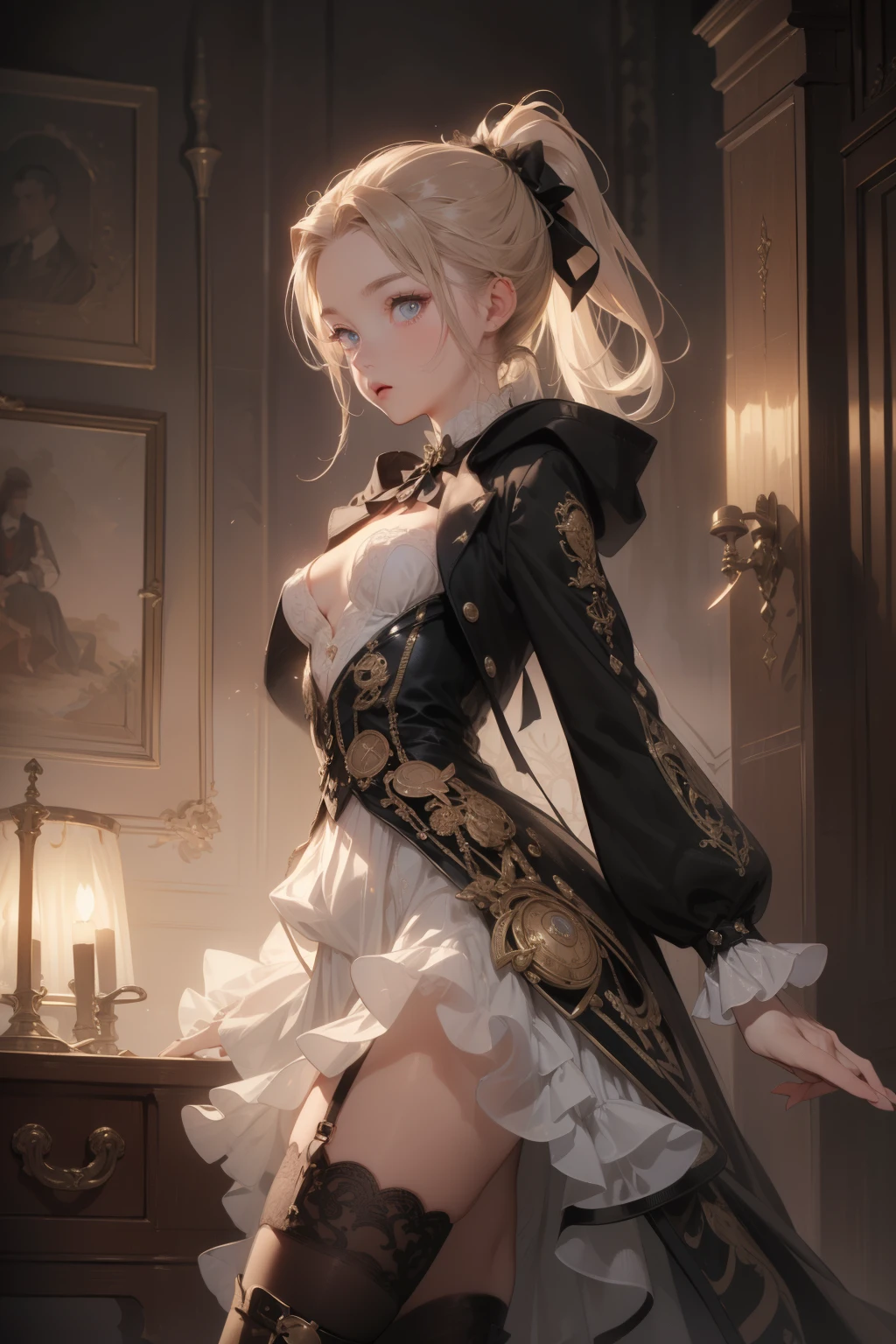 (((masterpiece, of the highest quality, super detailed))), (a female knight of an occult order), Edwardian/Victorian era inspired, ((minimal but intricate beautiful armour)), ((Fluttering lace flared dress with frilly petticoats)), ((((Highly detailed face))), ((ponytail, thick ponytail, heavy ponytail)), (((Very sharp focused eyes))), very long eyelashes, (resolved expression), (resolute expression), (small breasts), occult aesthetic, (red and white clothing detailed and intricate steampunk and detailed gothic), (with a hood), (thigh high flared socks), complex lace boots