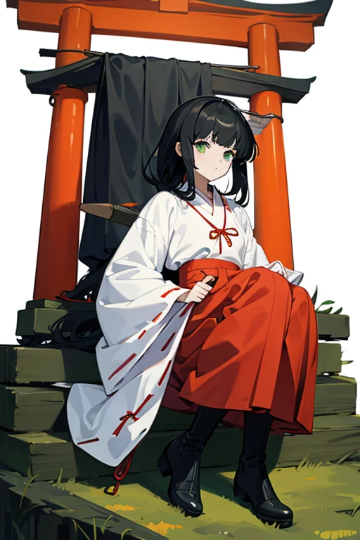 Highest quality, Very detailed,masterpiece,anime, Ultra-high resolution,If you look closely at the eyes, Best illustrations, A very condensed individual, (Very delicate and cute face)、Character portrait、Full body portrait、Shrine maiden,Black Hair,Medium Hair,beautiful girl,Japanese、Green Eyes、伝統的なShrine maiden服、black tights、Black inner shirt、Leather long boots、Holding a wooden sword、No background、Characters only、