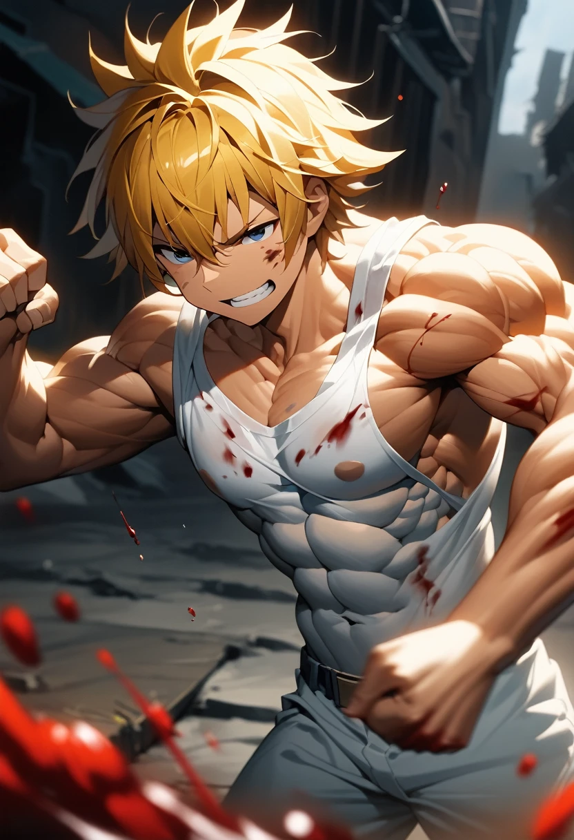 (White beautiful boy:1.44),original,独奏, (((((((13 year old:))))))),(close eyes),(cool face,beautiful face,manly face:1.5),(Short, shaggy, golden hair:1.94),(muscle full-body:2.18),(Muscular abs and blood:1.68),(Blue bruises all over the body:1.65),(standing,fighting pose:1.75), (A brief with a bulging crotch:1.39), masterpiece, best quality, very aesthetic, absurdres