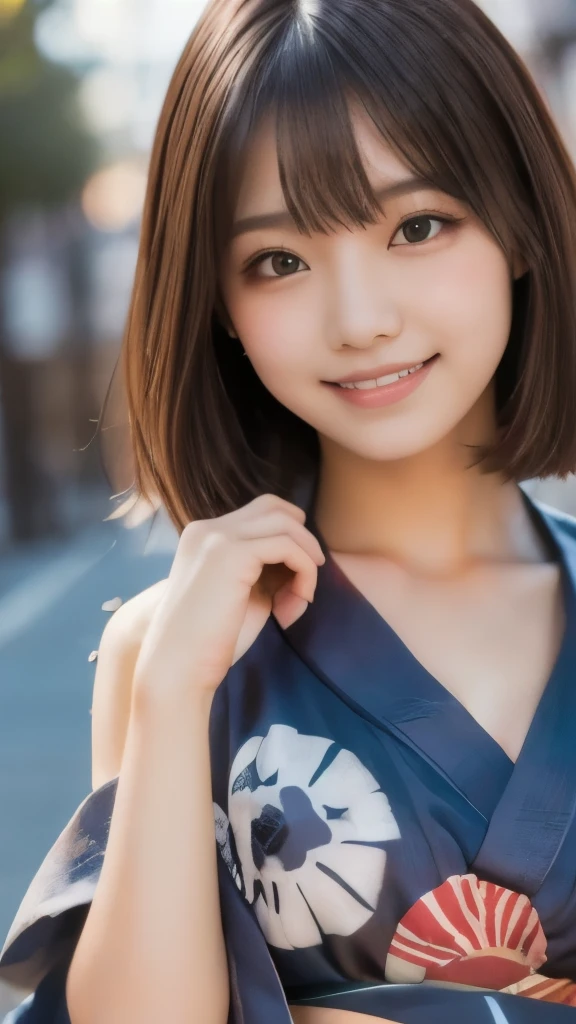 8k,Highest quality,(masterpiece:1.2),(Realistic),(Realistic:1.37),Ultra-high resolution,1 female college student,Fireworks display,night,smile,Beautiful Eyes,(((Cute Yukata))),Perfect body,Perfect Fingers,Professional Lighting,gravure,Detailed face and skin texture,fine grain,RAW Photos