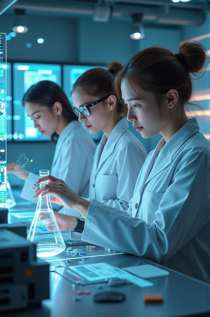 Several young men, several young women, are dressed in modern technical clothes, they are conducting an experiment in a laboratory full of modern technical equipment. In the background is a wall with large monitors.