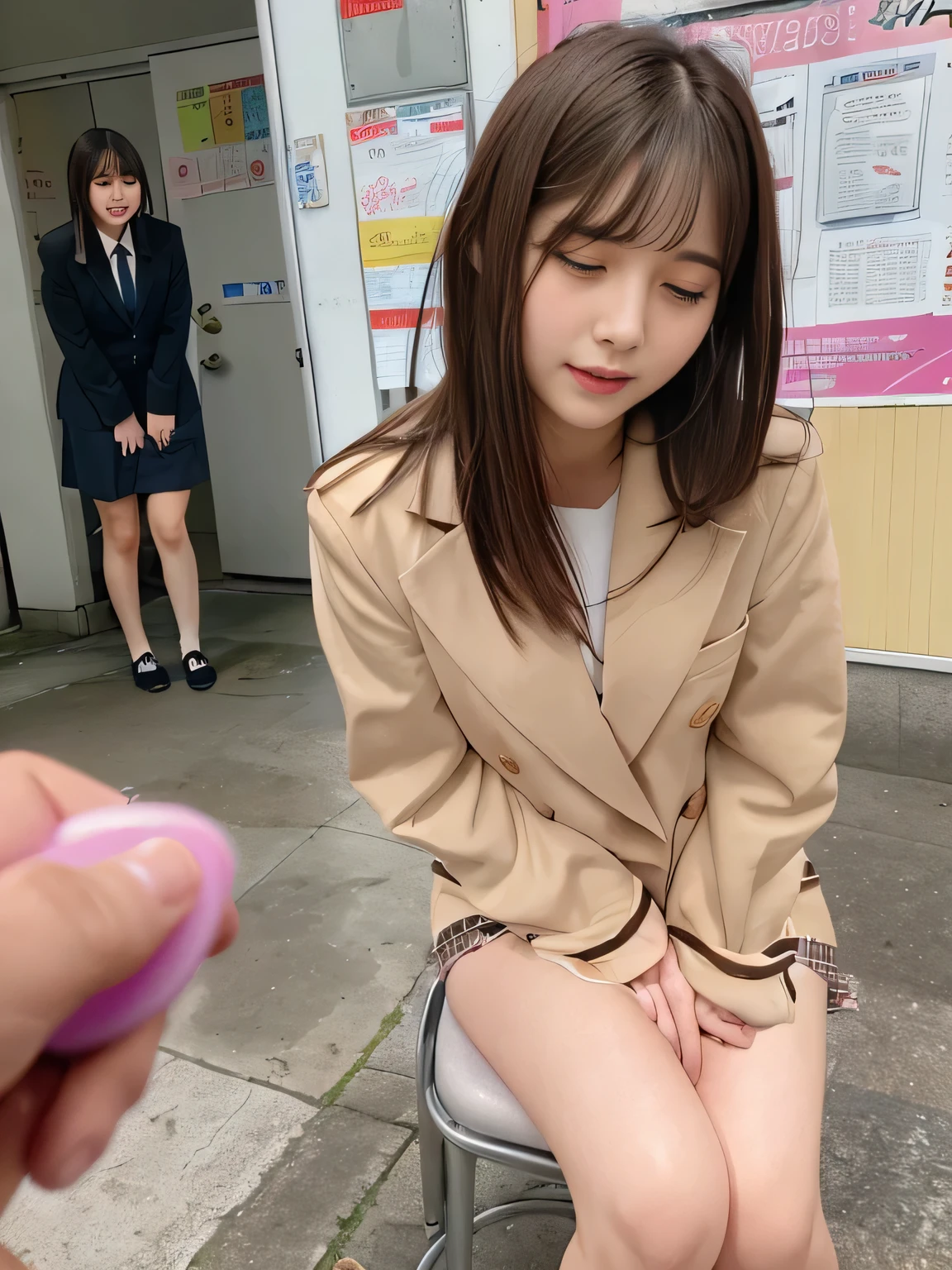 Vibrator prank in classroom,Woman in classroom,She leaned forward.,(She closes her eyes),she yawns,School classroom、machine、Chair、Hand holding a pink remote control outside the frame,She wants me to stop using the vibrator,Look here and plead、Embarrassed face、She puts her hand on her crotch,She is wearing a blazer uniform、Other students、class、high school girl、、Medium Hair、Pure erotic face、(Masseter muscle area:1.3)、(8k、Photorealistic、RAW Photos、Highest quality: 1.4)、(One Girl)、Very beautiful face、Very beautiful face、Very beautiful face、(Very realistic face)、(Brown hair、ふわふわMedium Hair:1.3)、Very beautiful hairstyles、Very realistic eyes、Very beautiful details、(Extremely realistic skin)、Very beautiful skin、Absurd、Very attractive、Ultra-high resolution、Surreal、High definition、Golden Ratio、Golden Ratio、Golden Ratio、beauty、beauty、beauty。