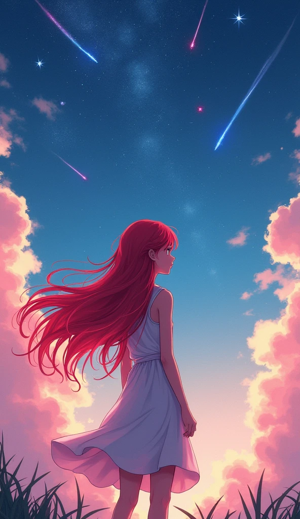anime,Red Hair Girl,Back view,Long Hair,Fantastic starry sky,Fantastic shooting star,Fantastic Background,Hair swaying in the wind,pastel colour,Dynamic Perspective