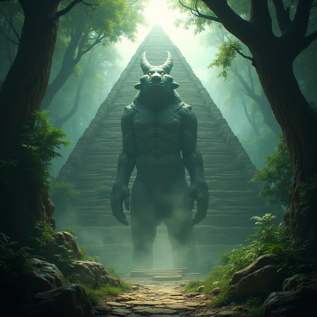 Mysterious beast hiding in a pyramid deep in the fantasy jungle, epic masterpiece, volumetric light