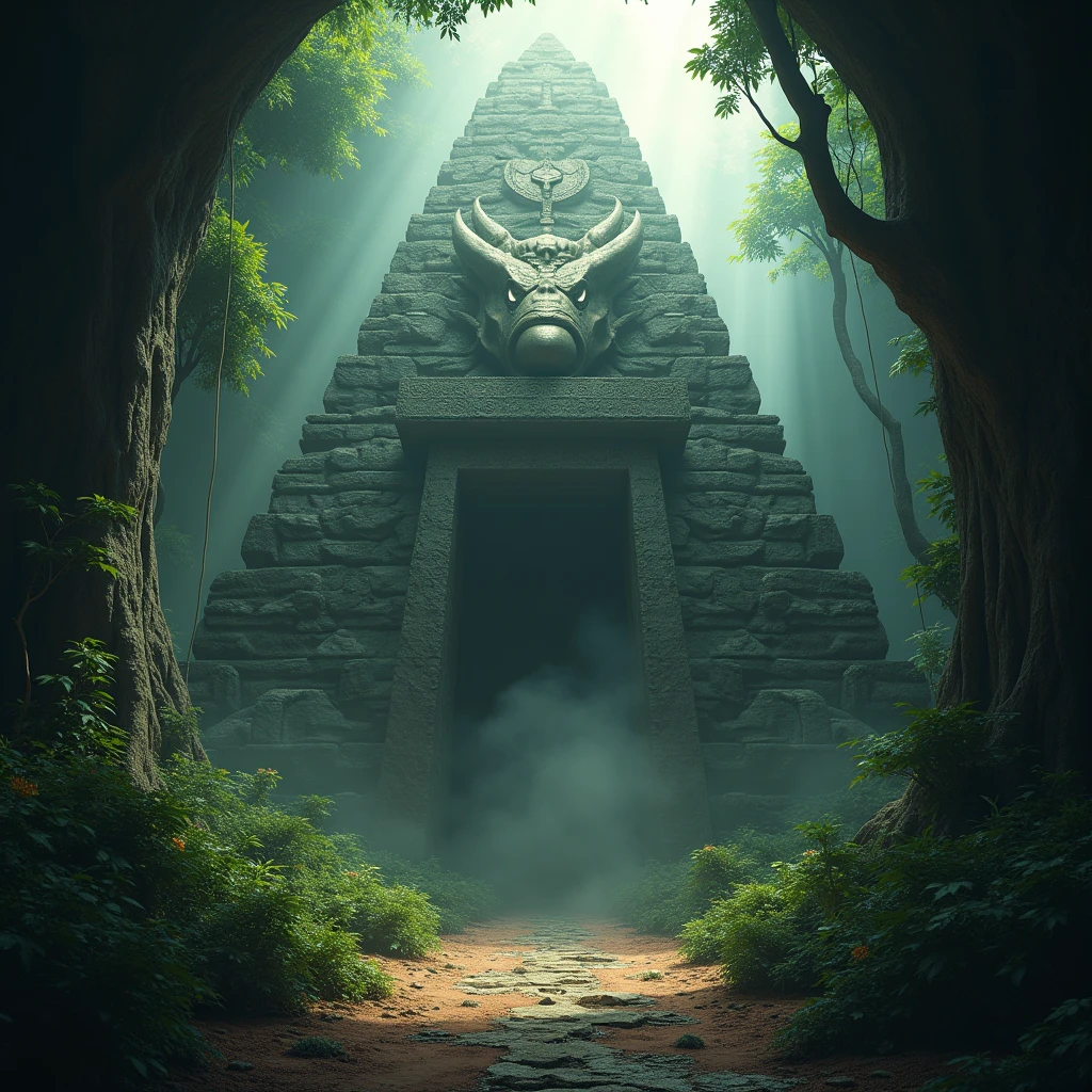 Mysterious beast hiding in a pyramid deep in the fantasy jungle, epic masterpiece, volumetric light