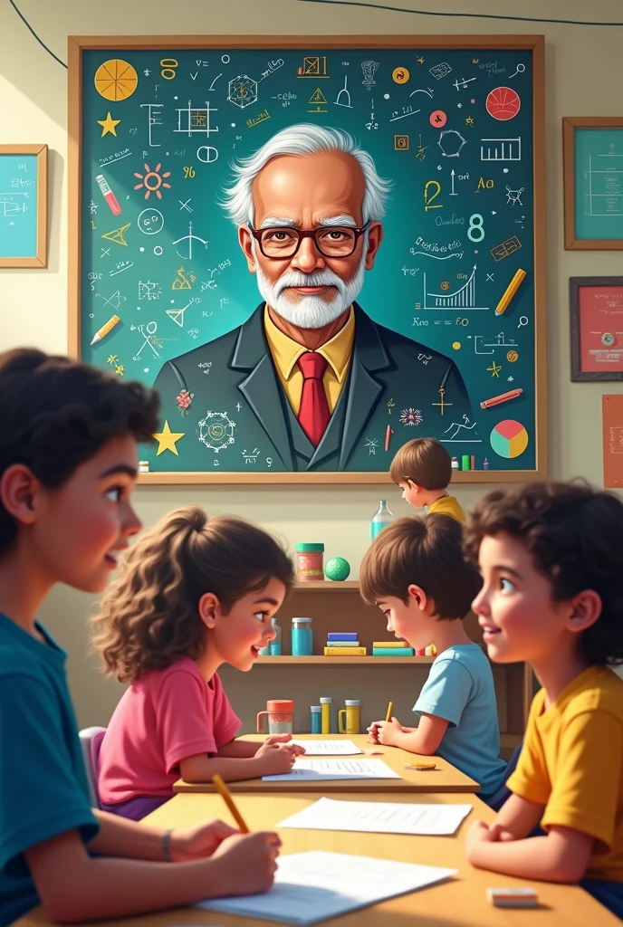 A school celebration of National Mathematics Day, with students engaged in math activities, and a large portrait of Ramanujan prominently displayed.