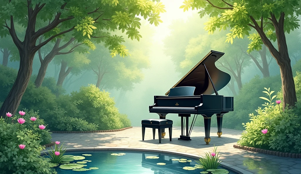 Black grand piano、The statue is placed in front of a pond with blooming water lilies.。Drawn in a realistic watercolor style throughout、There is a quiet atmosphere。The piano is surrounded by lush trees and bushes.、It depicts a corner of a beautiful garden with sunlight streaming in.。