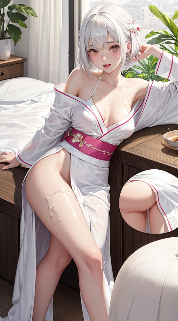 Character Details:, - Gender: 1 Girl.
- Style: Anime, - Body Type: Attractive body, slim body, nice legs, slim tights, nice arms, nice shoulders. - : (Small Breast (Cleavage:1.1le:1.1), (Slip N1.1), (Milk), (Whit), (White Goo:1.1), (White Sticky Goo Over Body:1.1), (White Goo over Face:1.1), (Sticky Liquid on Breast:1.4), (Wet Thighs:1.2).
-l Feature: Beautiful, Gorgeous, Teenager, Fresh, Young.
- Expression: k Blush on Face, open mouth, Pink Tongue, Sexy Eyes, Sexy Look, (Sweating:1.4), Innocentok, Tipsy. airstyle: Blunt Bangs, Long Hair. - Hair Color: (White Hair:1.5), (Cute Short Hair:1.3),
- Clothing: (Sexy Kimono:1.6), (Off-Shoulder:1.3),. - Body Pose: de spread leg:1.4),. - Behaviour: Waiting, Want Something, Secretly.
- Accessories: Earrings, No Hair Accessories, Environmental Details:, - Setting: Bed Room., - Lighting: Natural Light., - Decoration: Modern Bed, Chair, Window, White Curtain, City View. Top view. pov, anime style, UHD, retina, masterpiece, accurate, anatomically correct, textured skin.