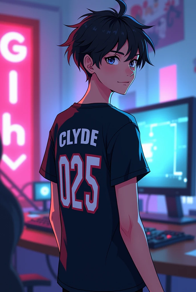 Cool Anime boy game player with shirt name Clyde025 on the back of his shirt while standing